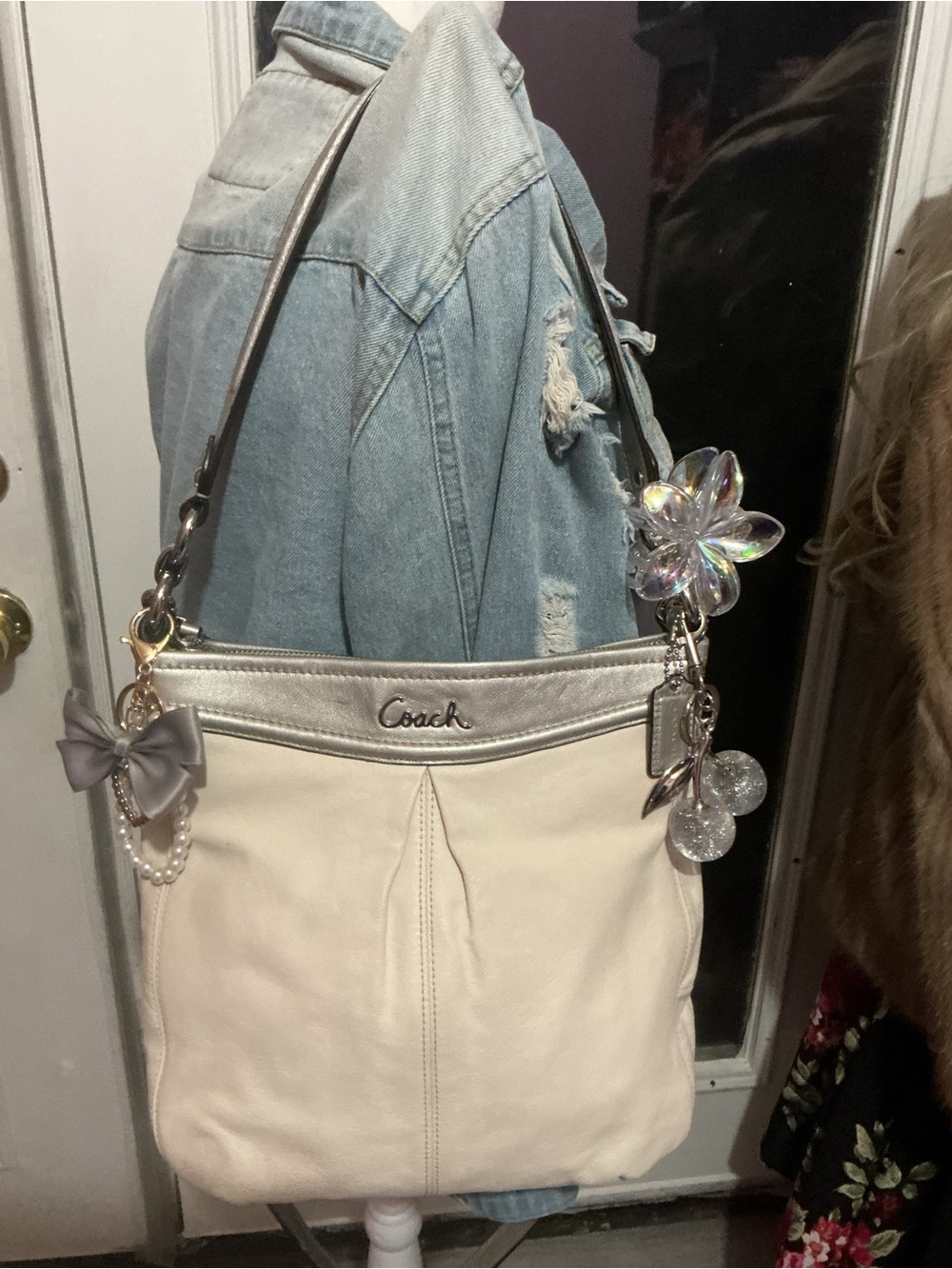 Coach Cream and Silver Leather Shoulder Bag with Decorative Charms